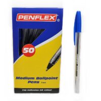 Penflex Ballpoint Pen Medium Clear Barrel 1mm Tip Blue Box of 50 – 42-1849-02